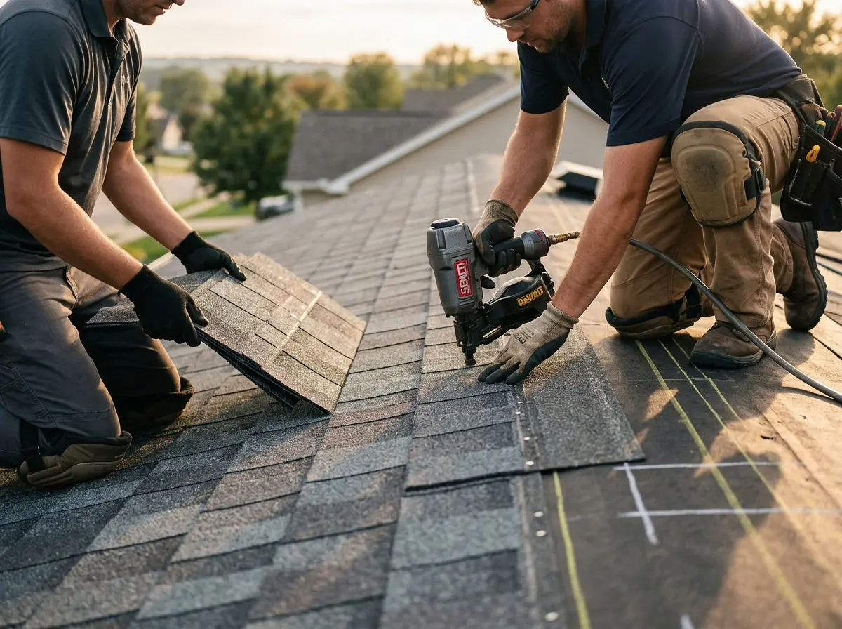 Professional roofer working on a residential roof in Pomona